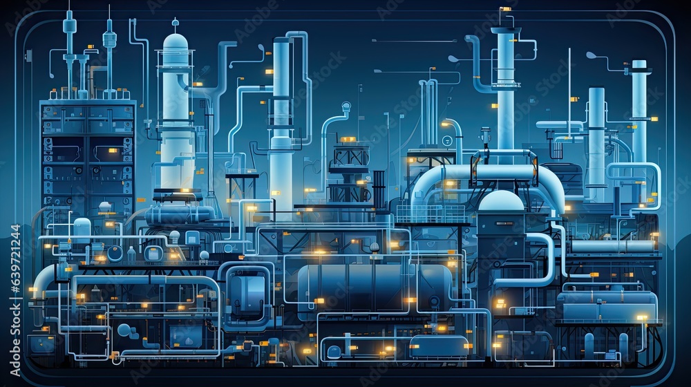 AI-generated illustration of a stylized complex refinery system, at night. MidJourney.