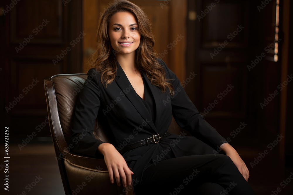 Confident CEO in a Timeless Black Suit, Posing Expertly on a Brown Leather Chair with Impeccable Professionalism and a Stunning Smile Confident CEO in a Timeless Black Suit, Posing Expertly on a Brown Leather Chair with Impeccable Professionalism and a Stunning Smile