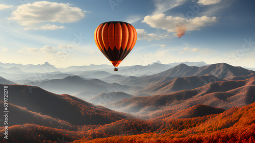 Hot air ballon flying over the mountains in fall peak leaves season. 
