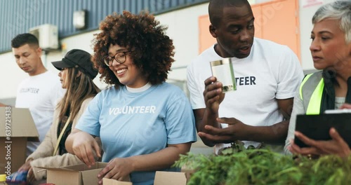 People volunteering, teamwork and food donation in community service, poverty support and NGO checklist. Nonprofit manager or group packaging groceries boxes, planning or helping for charity project