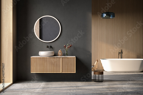 Print op canvas Comfortable bathtub and vanity with basin standing in modern bathroom black blue and wooden walls and concrete floor