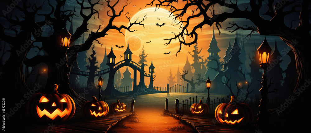 Halloween spooky background, scary jack o lantern pumpkins in creepy dark forest with bats, spooky trees and moon, Happy Haloween ghosts horror gothic mysterious night moonlight backdrop.