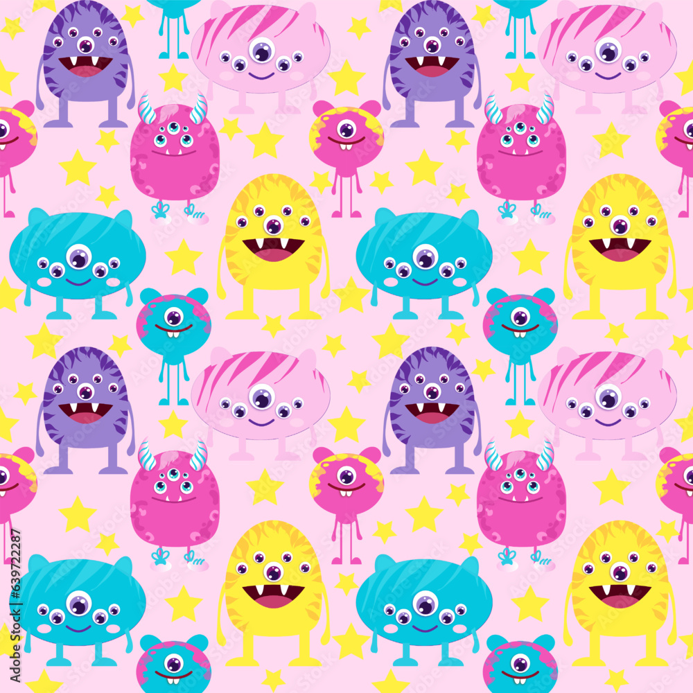 Cartoon monsters character seamless pattern cute kawaii on pink background Cartoon monsters character seamless pattern cute kawaii on pink background