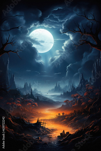 Happy Halloween spooky scary moon night scene horror landscape background. Creepy dark forest woods trees  moon and Happy Haloween ghosts gothic mysterious sky moonlight gloomy scenery backdrop.