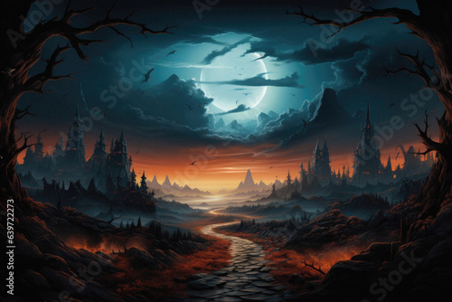 Happy Halloween spooky scary moon night scene horror landscape background. Creepy dark forest woods trees, moon and Happy Haloween ghosts gothic mysterious sky moonlight gloomy scenery backdrop. © Synthetica