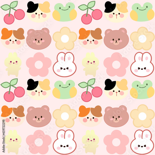 Cartoon character seamless pattern cute animal's on pink background 