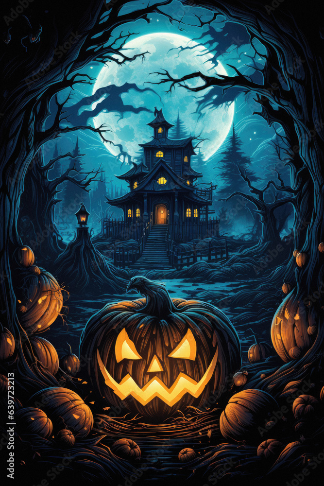 Fototapeta premium Happy Halloween spooky scary moon night scene horror landscape background. Creepy dark forest woods trees, moon and Happy Haloween ghosts gothic mysterious sky moonlight gloomy scenery backdrop.