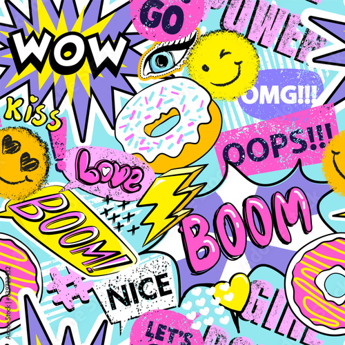 Fashion abstract seamless pattern with patch, stickers, dots and words. Cool background on comics style for teen girl