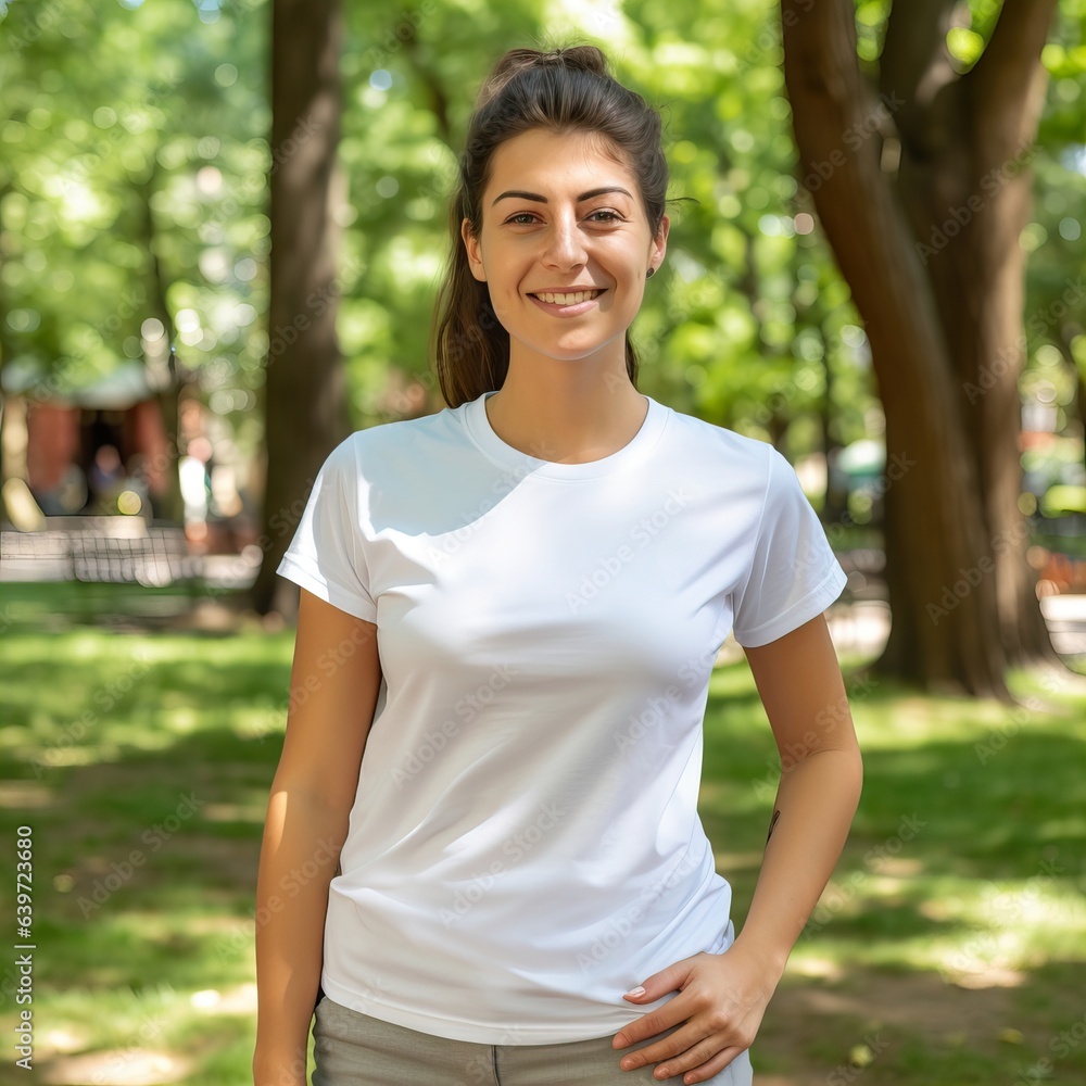 Beautiful young lady dressed in white t-shirt, commercial tee-shirt mock-up, smiling european woman standing in the street Beautiful young lady dressed in white t-shirt, commercial tee-shirt mock-up, smiling european woman standing in the street