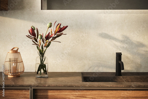 Minimalistic bathroom featuring a marble basin with black faucet and mirror, flower . This mockup-ready countertop can serve as a display stand for bathroom products  3d Rendering