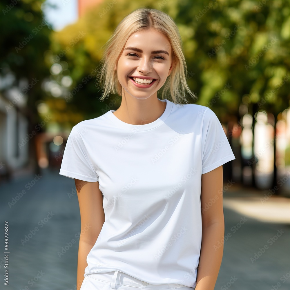 Beautiful young lady dressed in white t-shirt, commercial tee-shirt mock-up, smiling european woman standing in the street Beautiful young lady dressed in white t-shirt, commercial tee-shirt mock-up, smiling european woman standing in the street