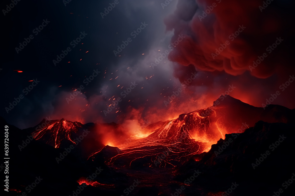 Volcano eruption, lava in volcano