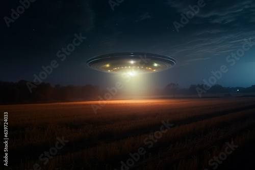 UFO at the night field, grey lights of UFO