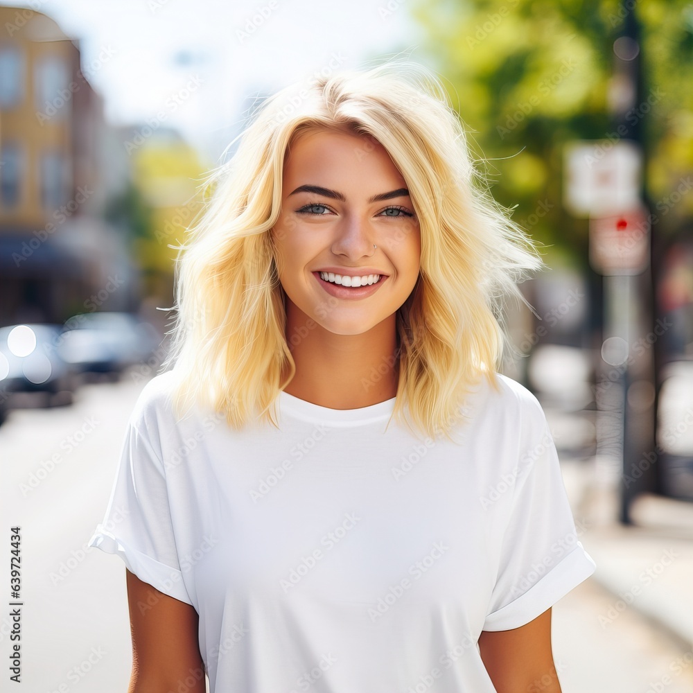 Beautiful young lady dressed in white t-shirt, commercial tee-shirt mock-up, smiling european woman standing in the street Beautiful young lady dressed in white t-shirt, commercial tee-shirt mock-up, smiling european woman standing in the street