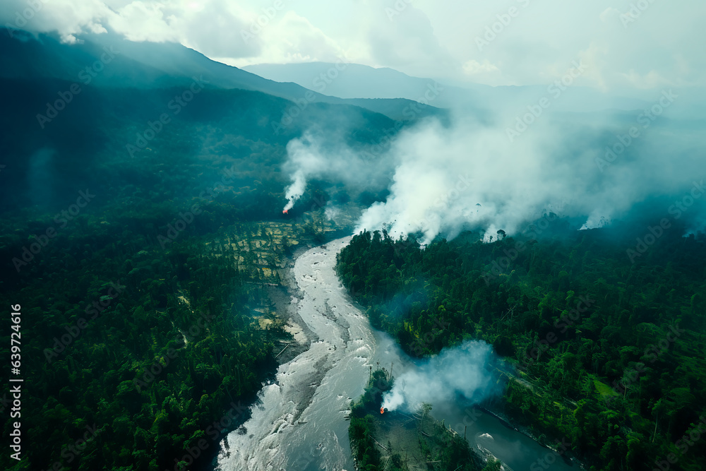 Destruction of the rainforest by smoke pollution, environmental pollution