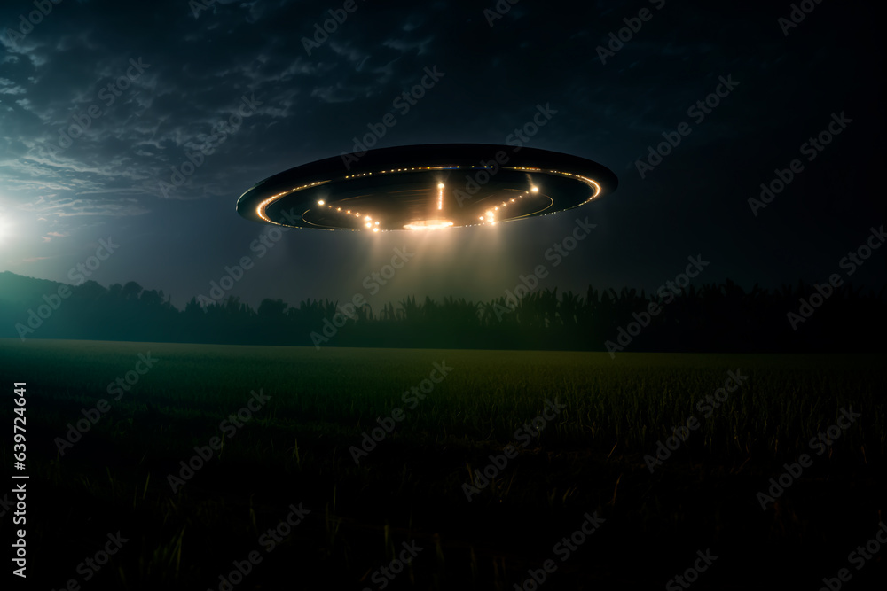 UFO at the night field, grey lights of UFO UFO at the night field, grey lights of UFO