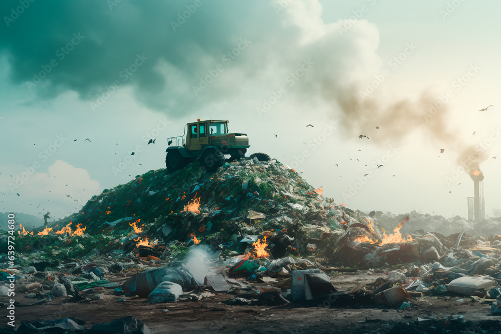 Fototapeta premium Landfill of plastick, machine recycles the plastick