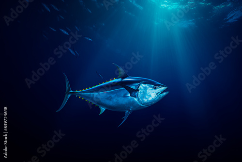 A tuna fish in the centre of a dark ocean. Tuna in a big ocean © Uliana