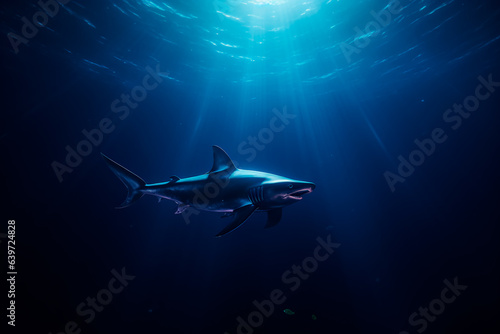 A lonely shark is hunting in the dark ocean