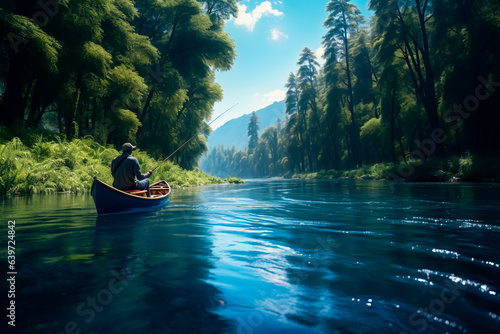 Fishing on a boat,  fishing on a pacific river in the forest © Uliana
