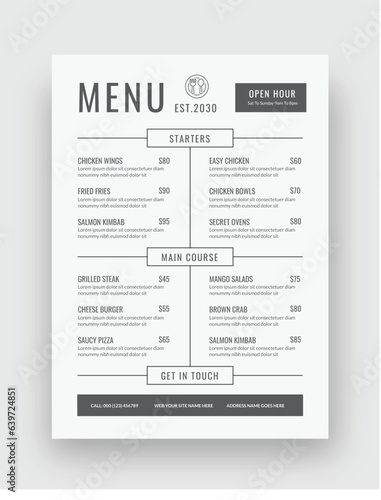 Simple Food Menu, Restaurant cafe, Vector Template, Fast food, Flyer Design, Clean