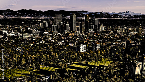 Realistic painting of an areal view of Downtown Denver Colorado with the front range of the rocky mountains in the background.