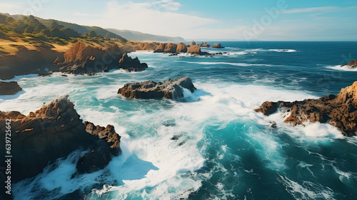 araffe view of a rocky coastline with waves crashing against the rocks Generative AI