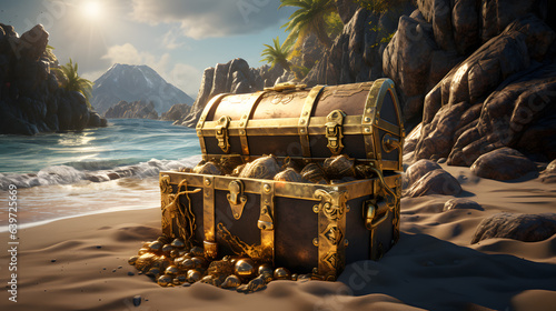 there is a chest on the beach with a lot of gold Generative AI