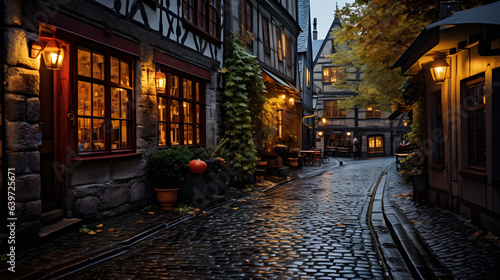 there is a cobblestone street with a building and a lamp post Generative AI
