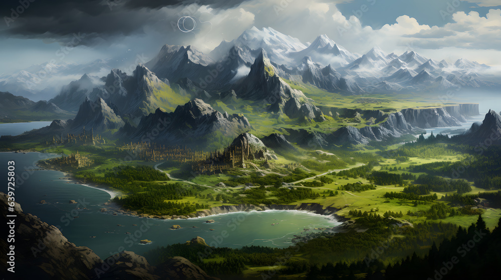 painting of a mountain landscape with a lake and a mountain range Generative AI