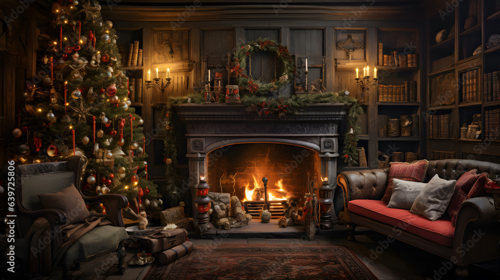 fireplace with christmas decorations and a christmas tree in a library Generative AI fireplace with christmas decorations and a christmas tree in a library Generative AI
