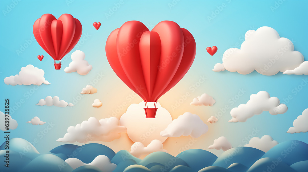 Happy valentines day with balloon heart sun and cloud with paper cut style 
