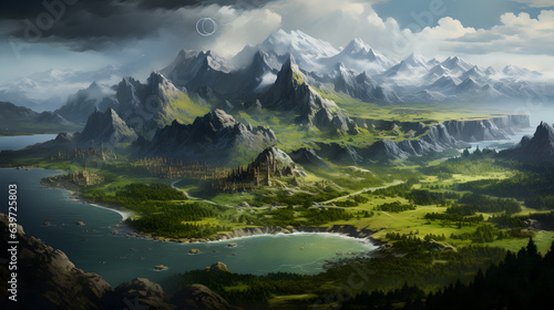 painting of a mountain landscape with a lake and a mountain range Generative AI