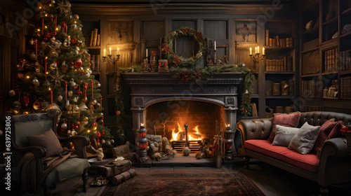 fireplace with christmas decorations and a christmas tree in a library Generative AI