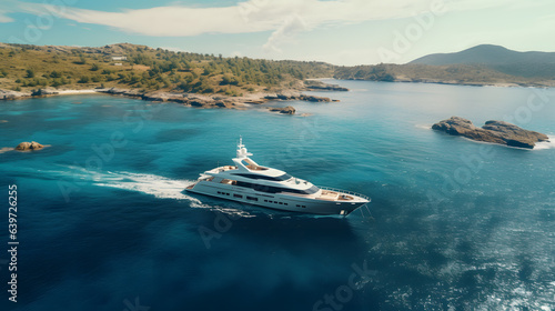 arafed yacht in the middle of the ocean with a small island in the background Generative AI © GestureShot
