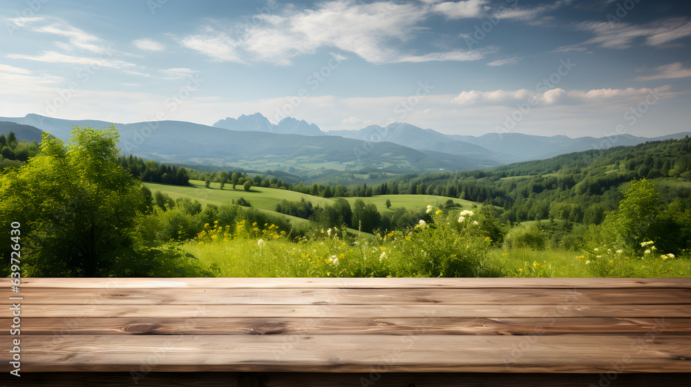arafed wooden table top with a view of a mountain valley Generative AI arafed wooden table top with a view of a mountain valley Generative AI