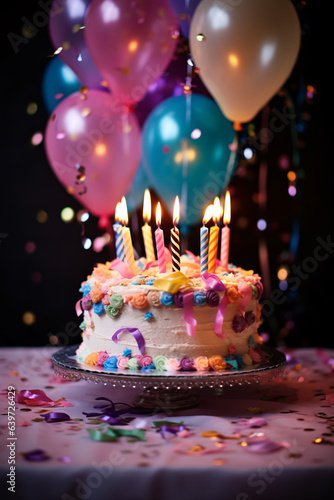 Celebration of a birthday with cake and balloons