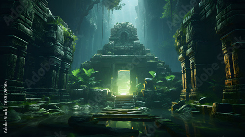 arafed view of a temple with a green light coming from the doorway Generative AI