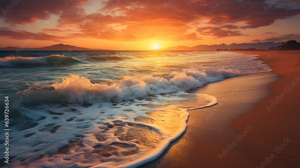 sunset over the ocean with waves crashing on the beach Generative AI