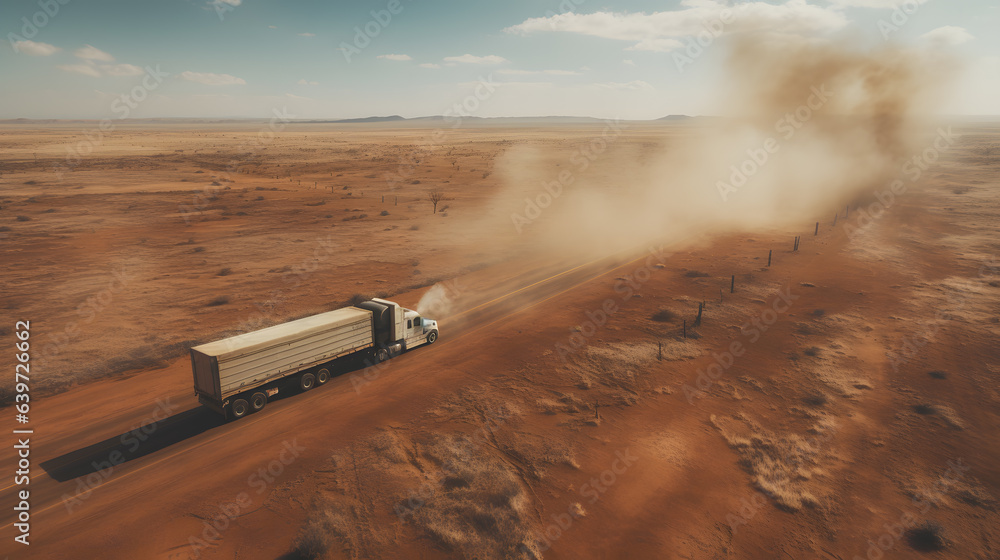 araf truck driving on a dirt road in the middle of a desert Generative AI