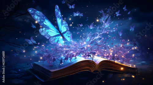 butterflies flying out of a book with a tree in the background Generative AI