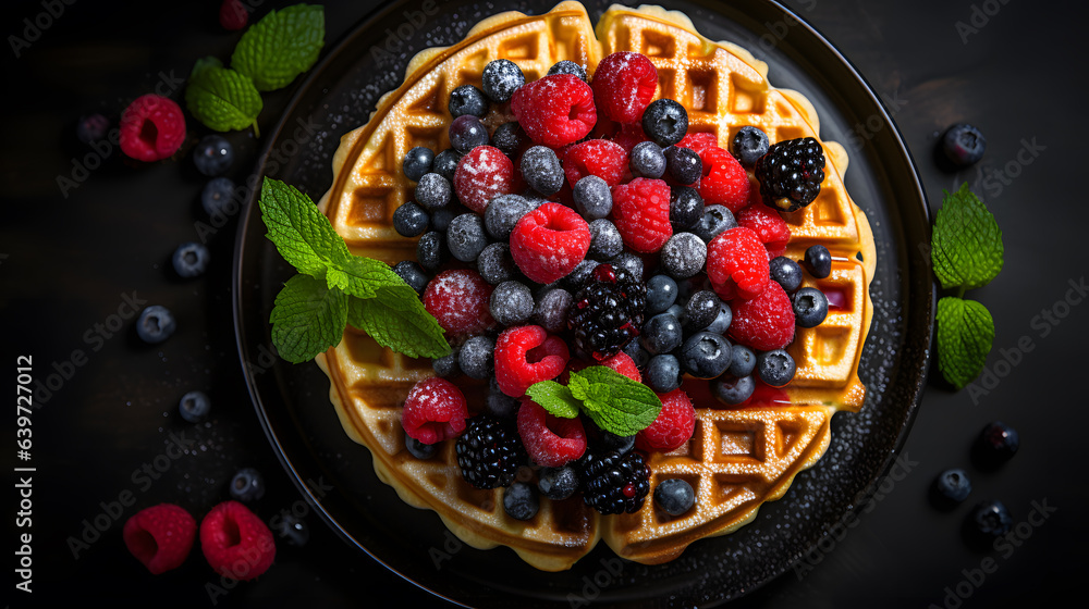araffe waffles with berries and mint leaves on a black plate Generative AI araffe waffles with berries and mint leaves on a black plate Generative AI
