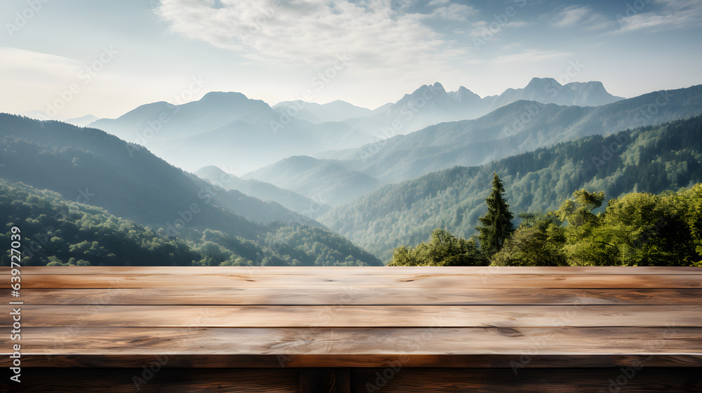 there is a wooden table with a view of mountains in the background Generative AI
