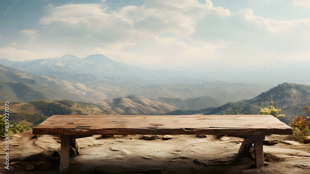 there is a wooden bench on a rock overlooking a mountain range Generative AI