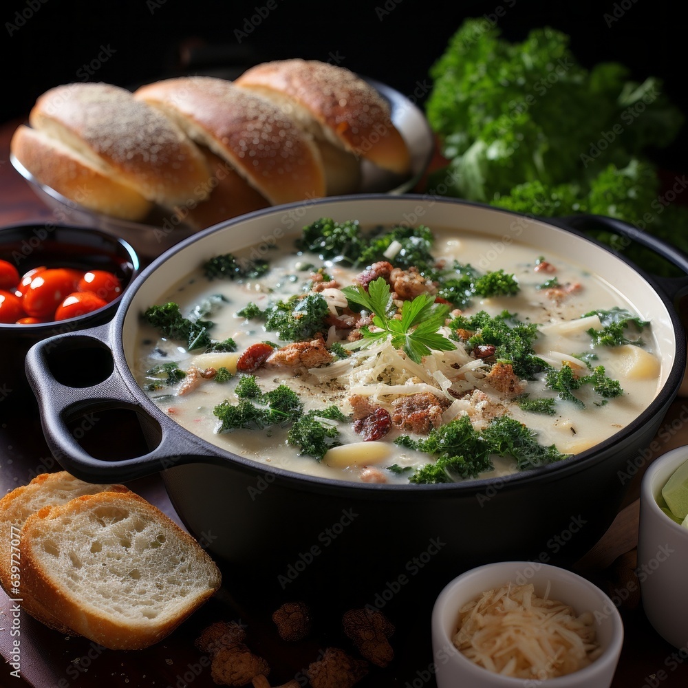A delicious bowl of New England clam chowder with garnish and rolls. Generative AI. 