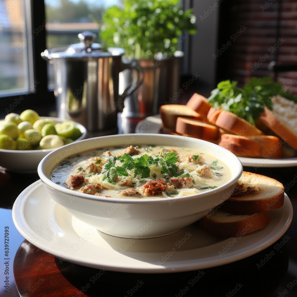 A delicious bowl of New England clam chowder with garnish and rolls. Generative AI. A delicious bowl of New England clam chowder with garnish and rolls. Generative AI.