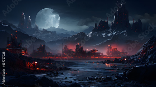 nighttime scene of a city with a mountain and a river Generative AI © GestureShot