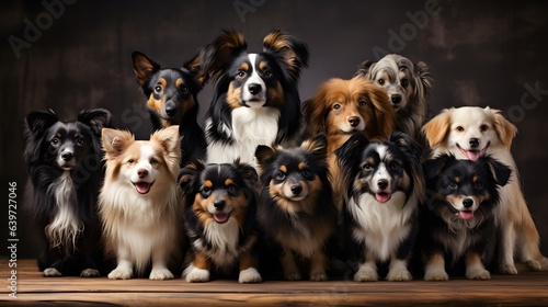 arafed group of dogs sitting together in a row on a wooden floor Generative AI