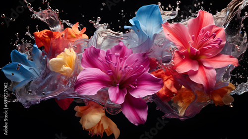 brightly colored flowers are splashing into the water on a black background Generative AI