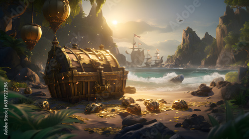 pirate ship in the ocean near a wooden chest on a beach Generative AI photo